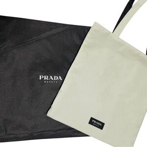 PRADA BEAUTY REVERSIBLE TOTE, POUCH, AND DUSTY VIP GWP MINT & BLACK LUXE SHOPPER